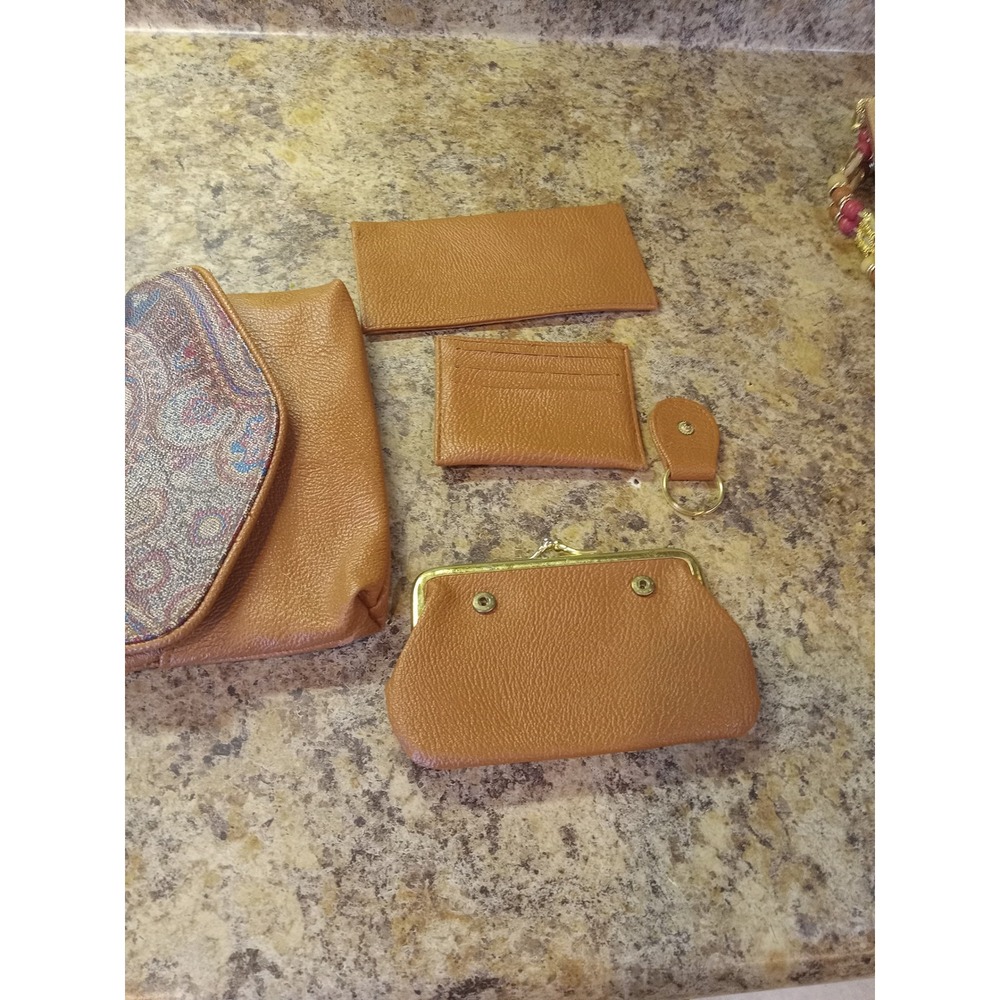 Vintage Tan Pebbled Faux Leather Paisley 5 Piece Clutch and Wallet Accessory Set